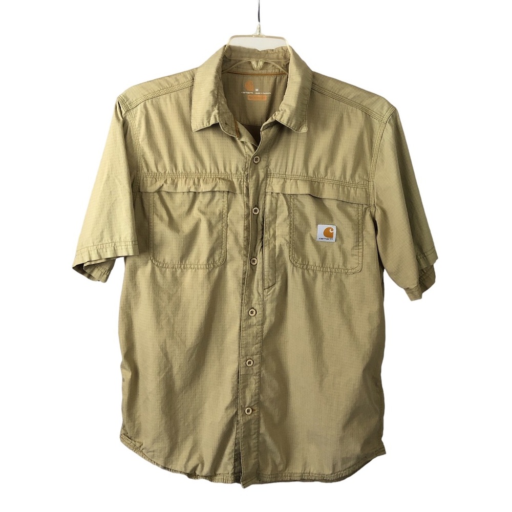 Men's Carhartt Force Dark Khaki Short Sleeve Button Down Work Shirt. Size Medium